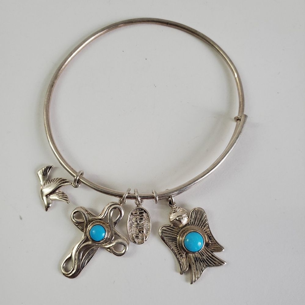Sterling Silver 925 Turquoise Charm Adjustable Bangle Bracelet